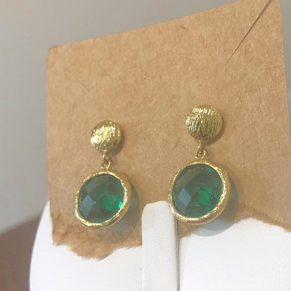 Sparkly Gold Tone Green Circular Drop Earrings. - Picture 2 of 13